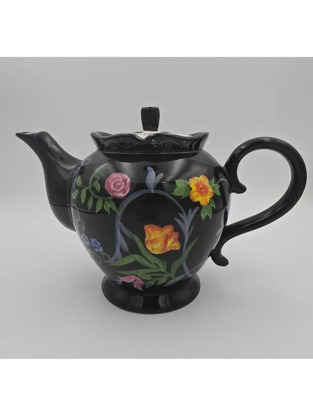 Vintage Bella Casa Ganz Black Floral Teapot Hand Painted w/ Original Sticker